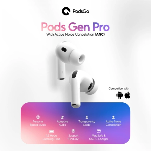 PodsGo Gen Pro ANC TWS Bluetooth Earbuds H2 Chip Wireless Charging Earphone IMEI Terdaftar 9D Hifi Stereo Headphone by PodsGo.ID