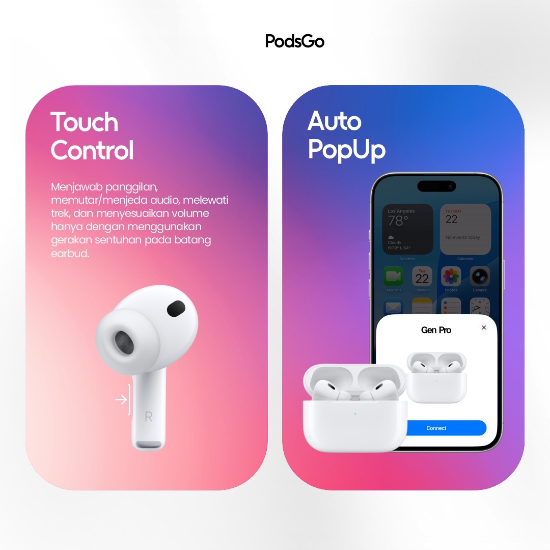 PodsGo Gen Pro ANC TWS Bluetooth Earbuds H2 Chip Wireless Charging Earphone IMEI Terdaftar 9D Hifi Stereo Headphone by PodsGo.ID