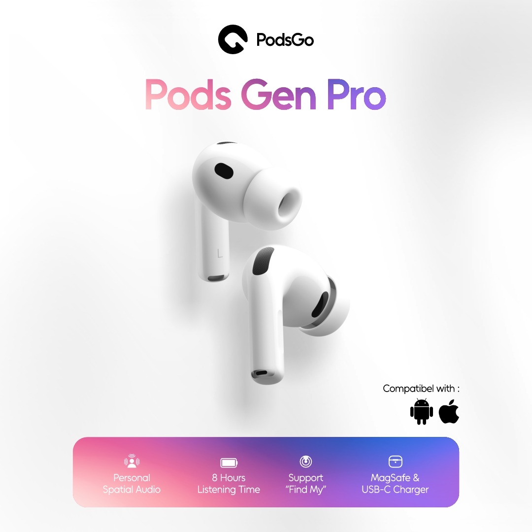 PodsGo Gen Pro TWS Bluetooth Earbuds H2 Chip Wireless Charging Earphone IMEI Terdaftar 9D Hifi Stereo Headphone by PodsGo.ID