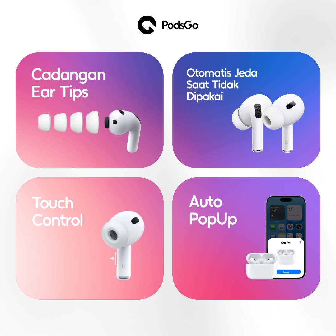 PodsGo Gen Pro TWS Bluetooth Earbuds H2 Chip Wireless Charging Earphone IMEI Terdaftar 9D Hifi Stereo Headphone by PodsGo.ID