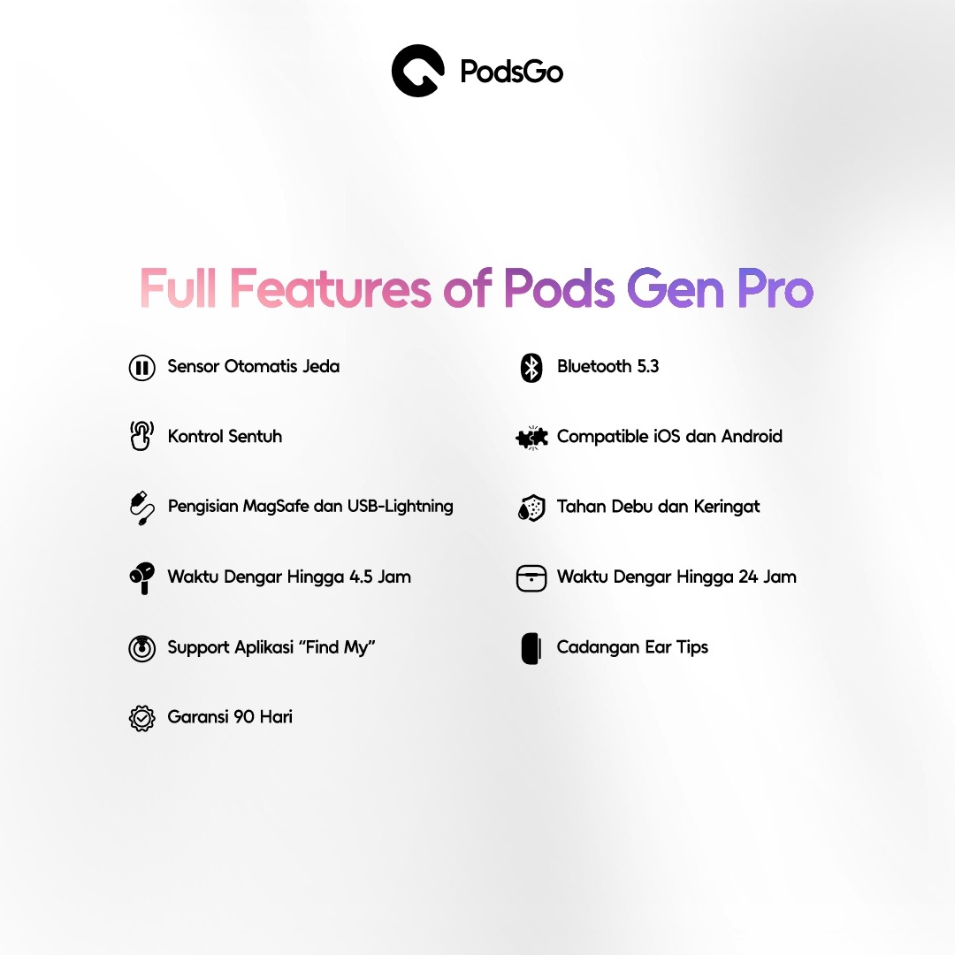 PodsGo Gen Pro TWS Bluetooth Earbuds H2 Chip Wireless Charging Earphone IMEI Terdaftar 9D Hifi Stereo Headphone by PodsGo.ID