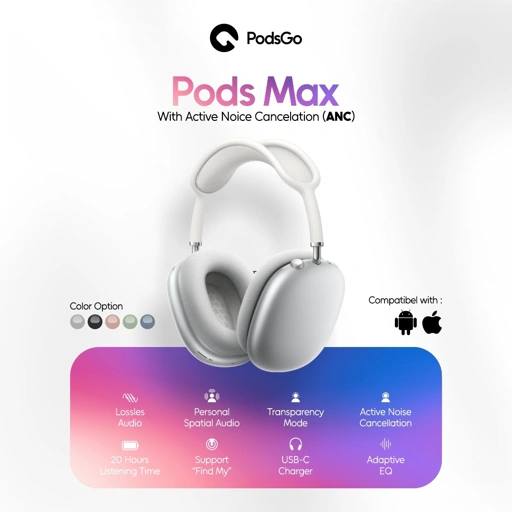 PodsGo Pods Max ANC Wireless Bluetooth Earphone Headphone With Pop Up Animation Cushions Magnet