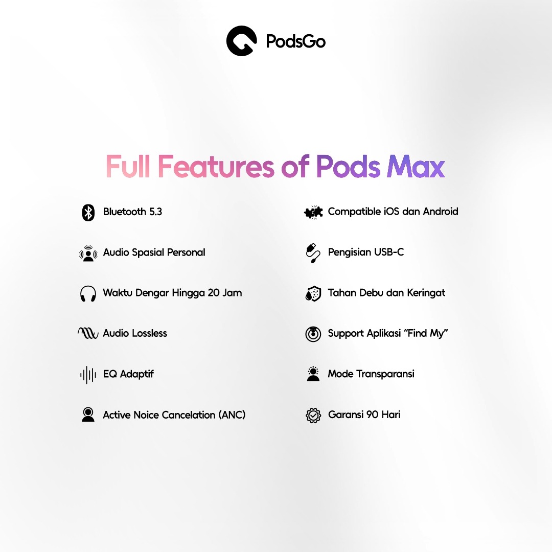 PodsGo Pods Max ANC Wireless Bluetooth Earphone Headphone With Pop Up Animation Cushions Magnet