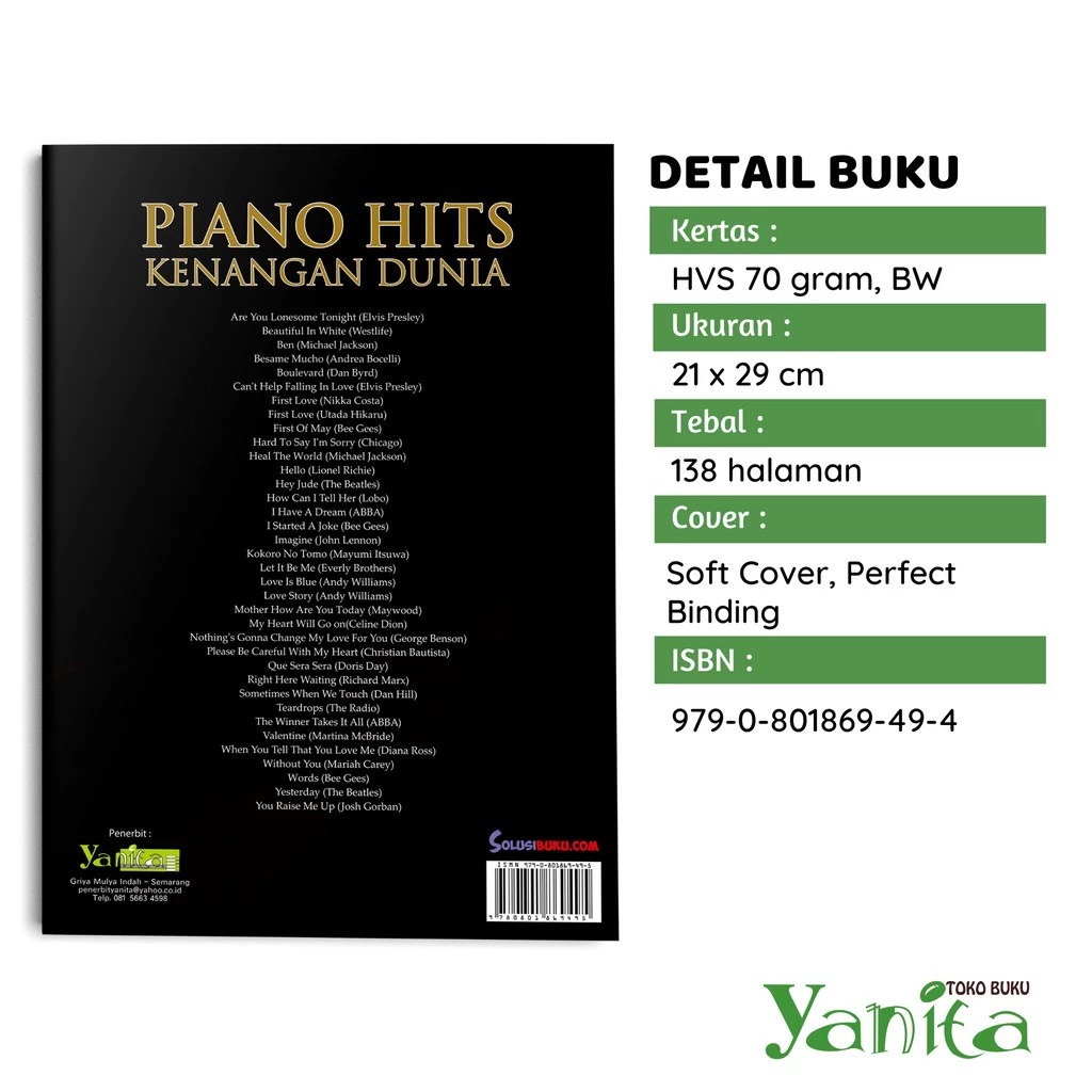 Yanita Buku Musik & Lagu Piano Hits Kenangan Dunia