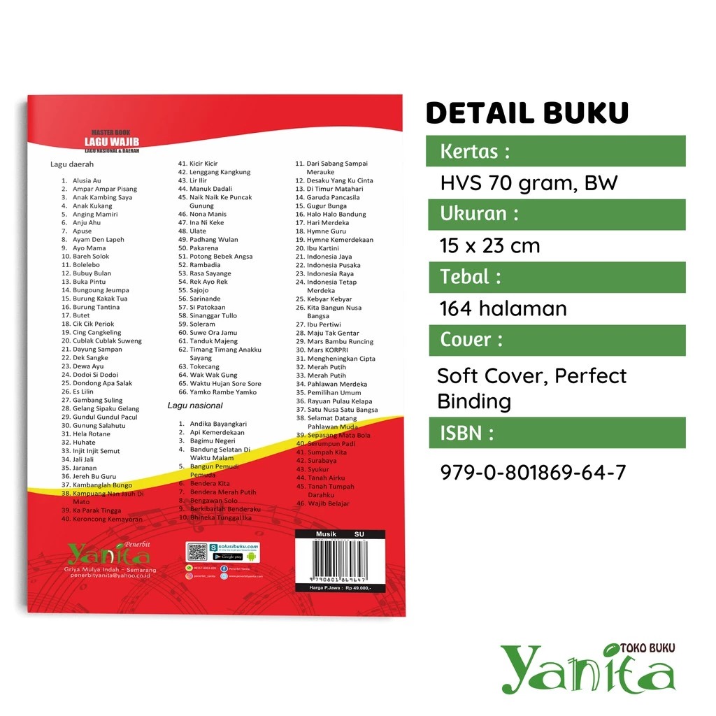 Yanita Buku Musik Master Book Lagu Wajib Lagu Nasional & Daerah SD – SMP – SMA