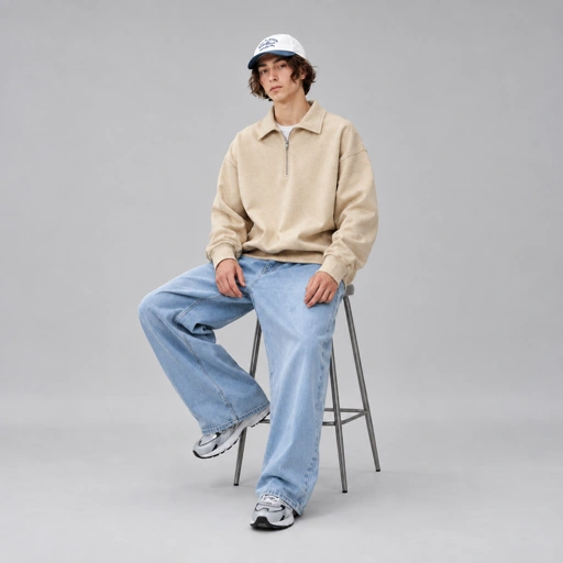 Long Sleeve Collar Pullover Unisex Casual Vintage Minimalist - Cream