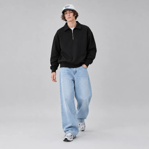Long Sleeve Collar Pullover Unisex Casual Vintage Minimalist - Hitam