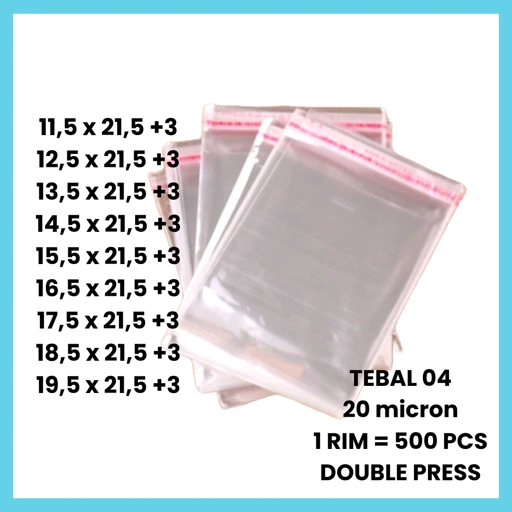 500 PCS | 1 RIM Plastik OPP Tebal 04 20 Micron Murni Garmen 11,5x21,5 12,5x21,5 13,5x21,5 14,5x21,5 15,5x21,5 16,5x21,5 17,5x21,5 18,5x21,5 19,5x21,5