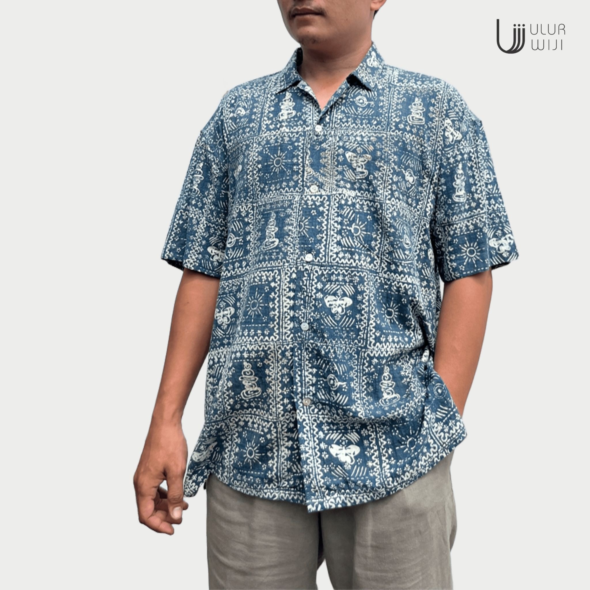 Kemeja Hawai Unisex Pria Wanita Motif METAMORF Batik Cap Warna Alam | Ulur Wiji