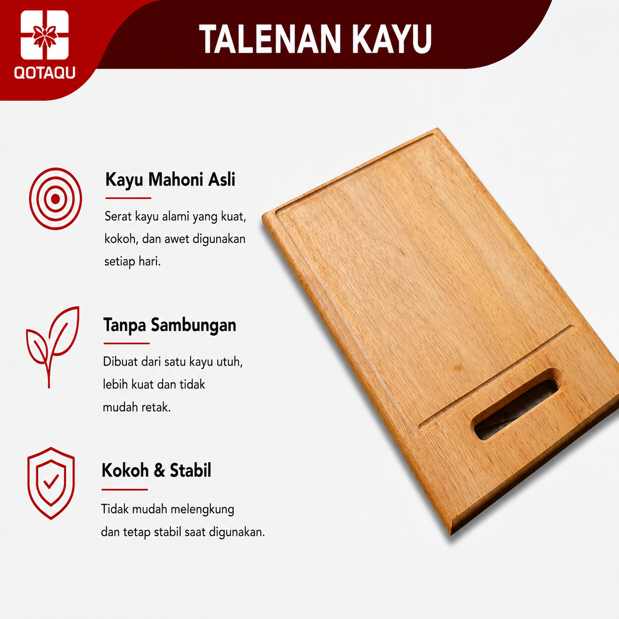 QOTAQU Talenan Kayu Mahoni Food Grade 30x19x1,6 cm | Anti Jamur, Tebal, Awet, Aman untuk Makanan