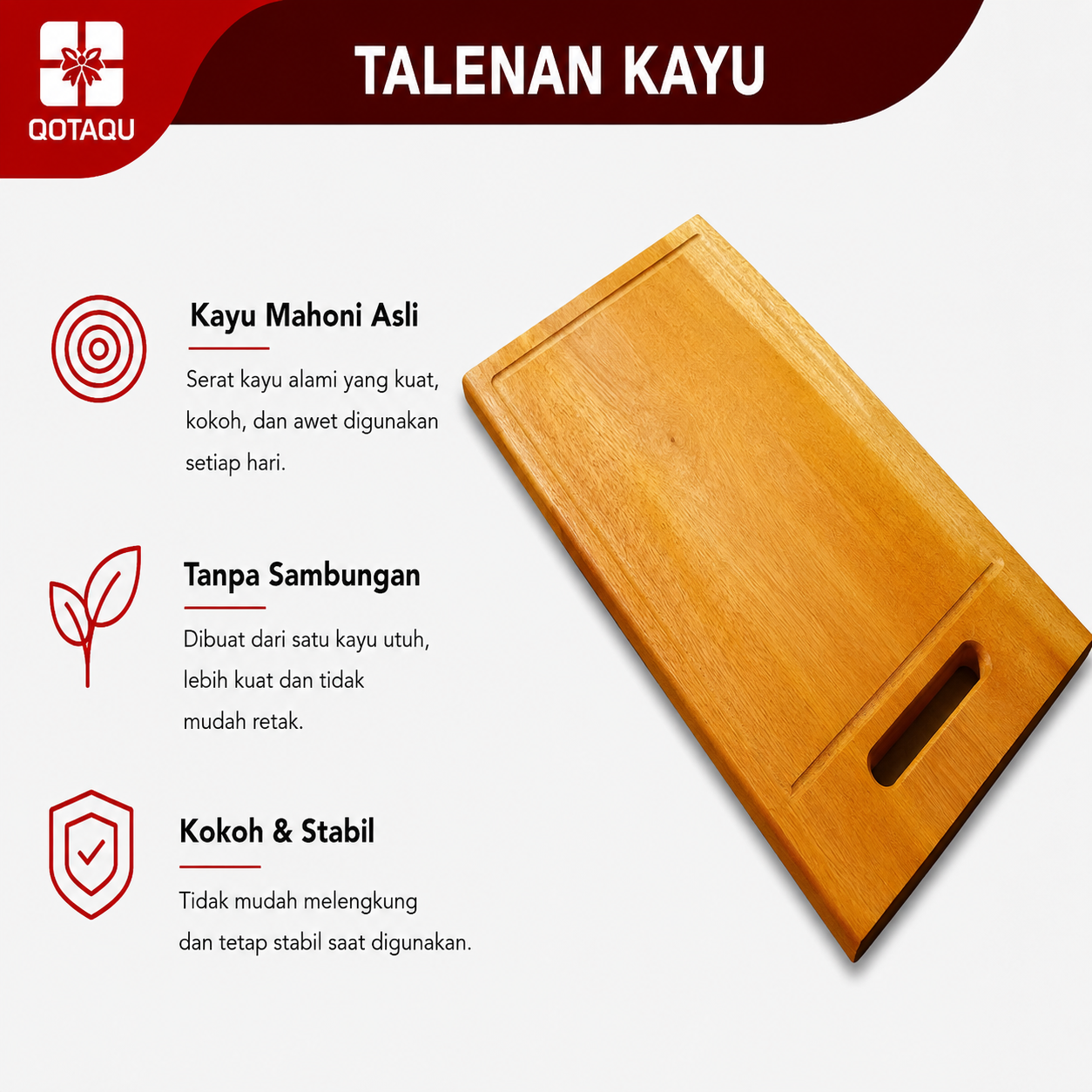 QOTAQU TALENAN KAYU Bahan Full Mahoni Tanpa Sambungan Ukuran Besar 35x19x1,6 cm | Tebal, Anti Jamur, Awet