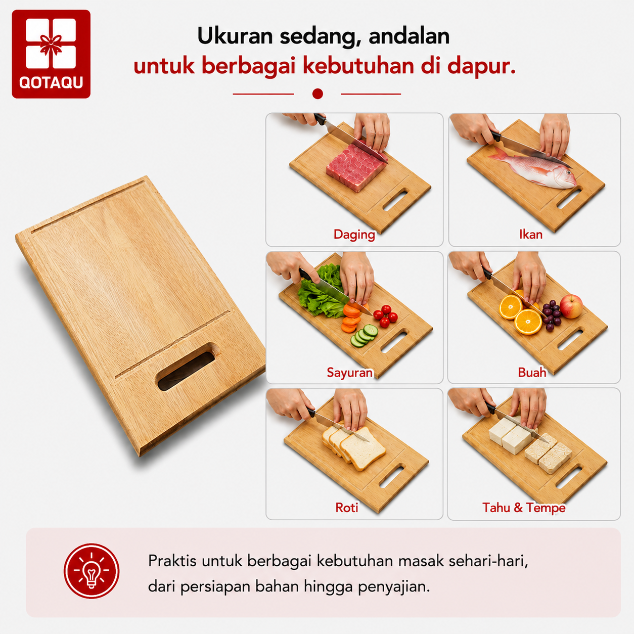 QOTAQU Talenan Kayu Mahoni Food Grade 30x19x1,6 cm | Anti Jamur, Tebal, Awet, Aman untuk Makanan