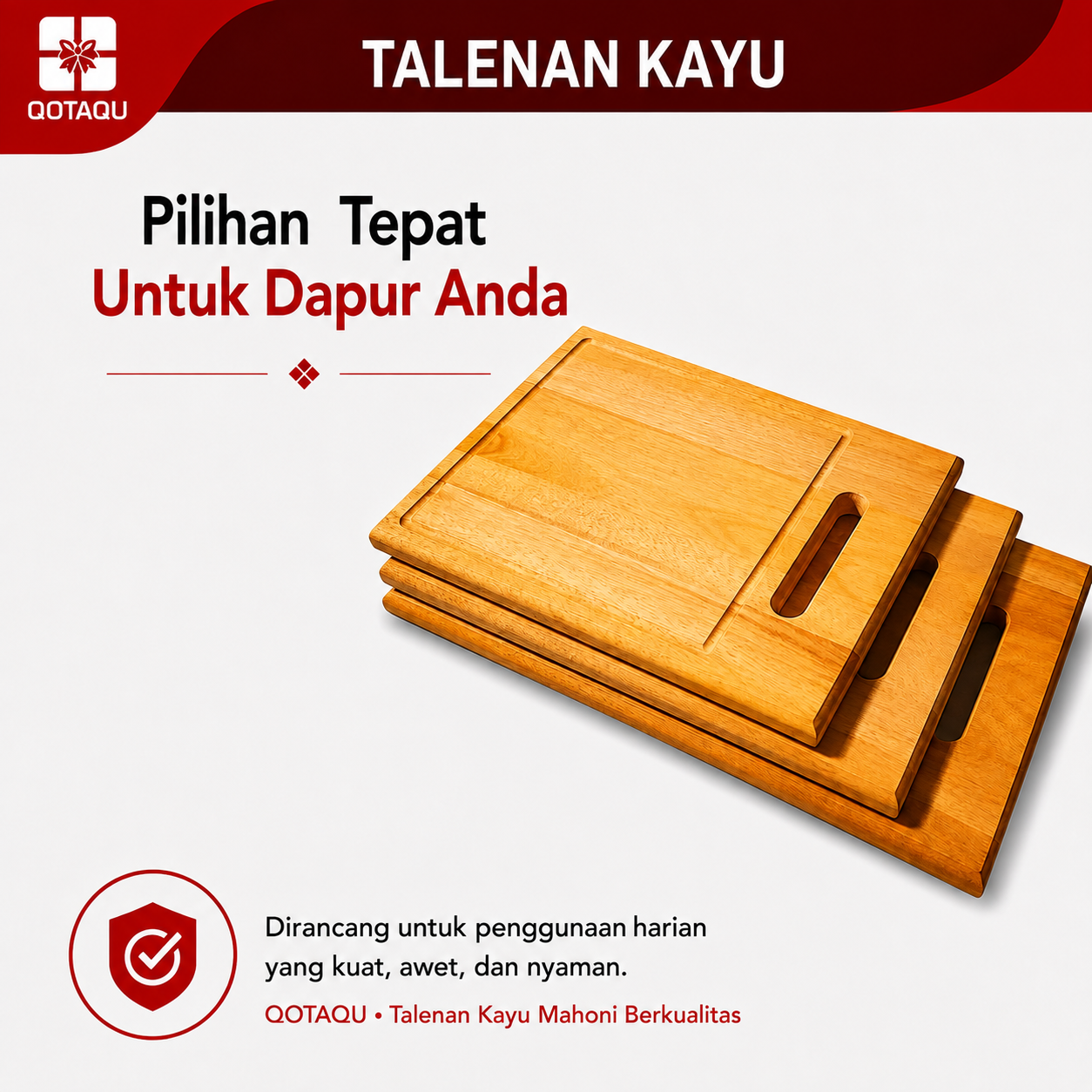 QOTAQU Talenan Kayu Mahoni Food Grade 30x19x1,6 cm | Anti Jamur, Tebal, Awet, Aman untuk Makanan