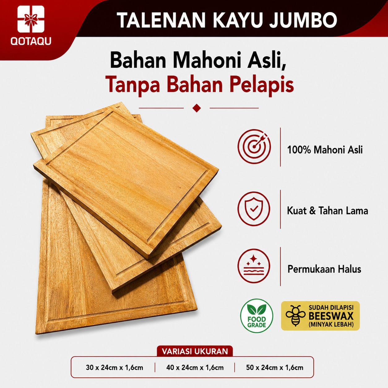 QOTAQU Talenan Kayu Jumbo Mahoni Asli - 3 Pilihan Ukuran | Tanpa bahan pelapis, Anti Jamur, Permukaan halus