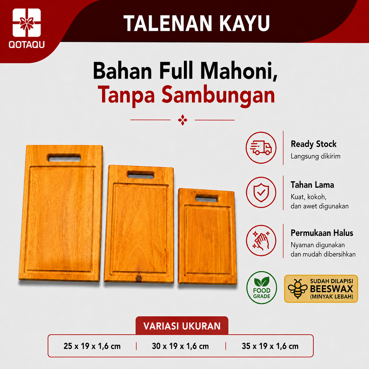 QOTAQU Talenan Kayu Mahoni Tebal - Food Grade, Anti Jamur | Wooden Cutting Board Serbaguna untuk Dapur