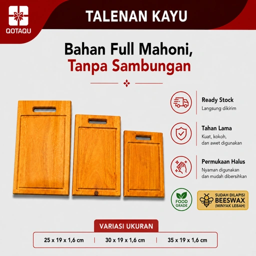 QOTAQU Talenan Kayu Mahoni Tebal - Food Grade, Anti Jamur | Wooden Cutting Board Serbaguna untuk Dapur