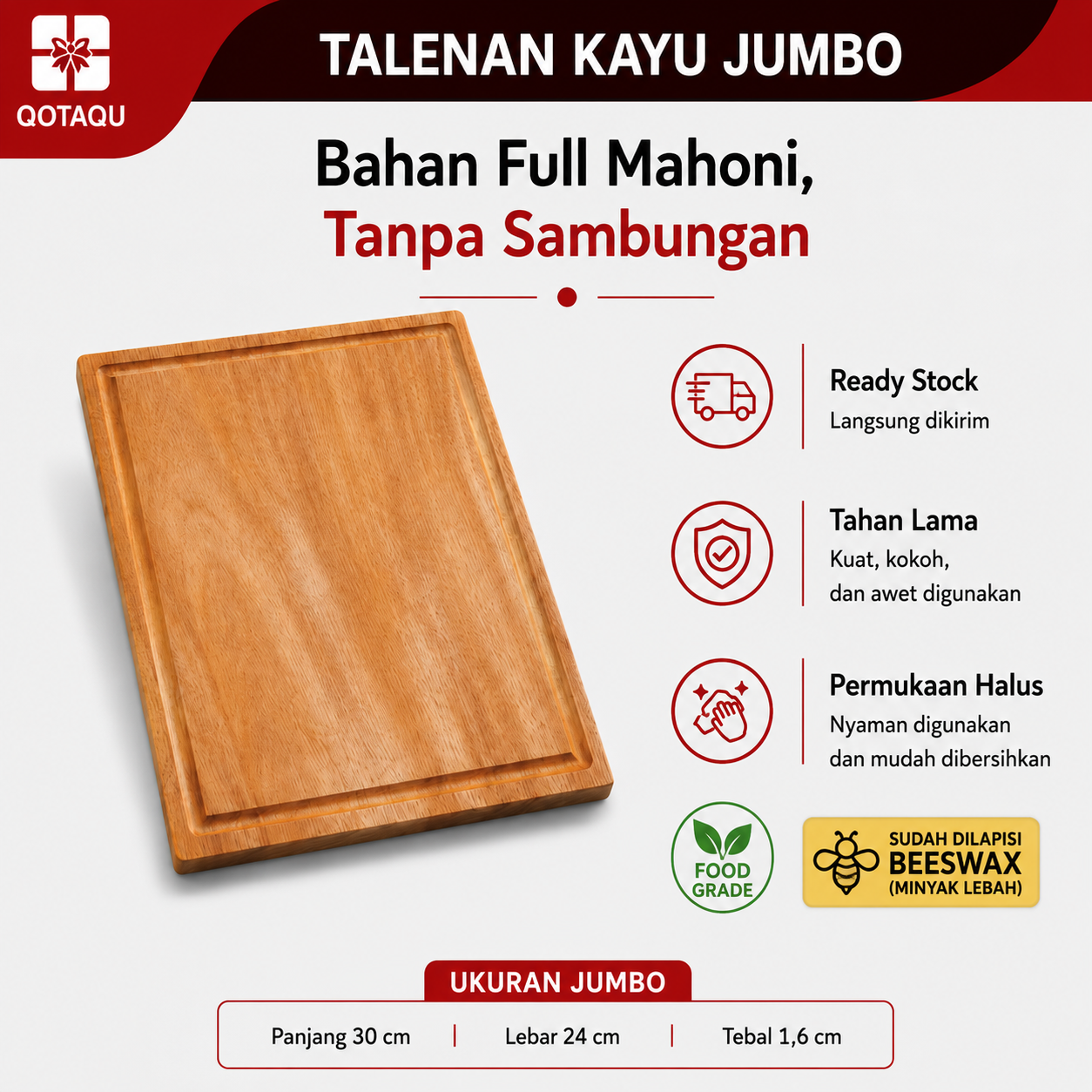 QOTAQU Talenan Kayu Jumbo Mahoni Asli 30 x 24 x 1,6 cm | Tanpa bahan pelapis, Anti Jamur, Permukaan halus