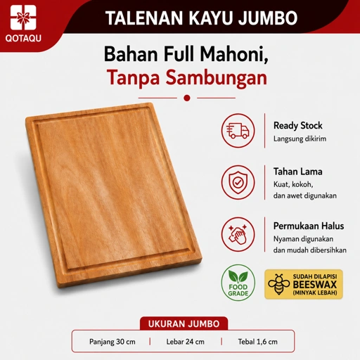 QOTAQU Talenan Kayu Jumbo Mahoni Asli 30 x 24 x 1,6 cm | Tanpa bahan pelapis, Anti Jamur, Permukaan halus