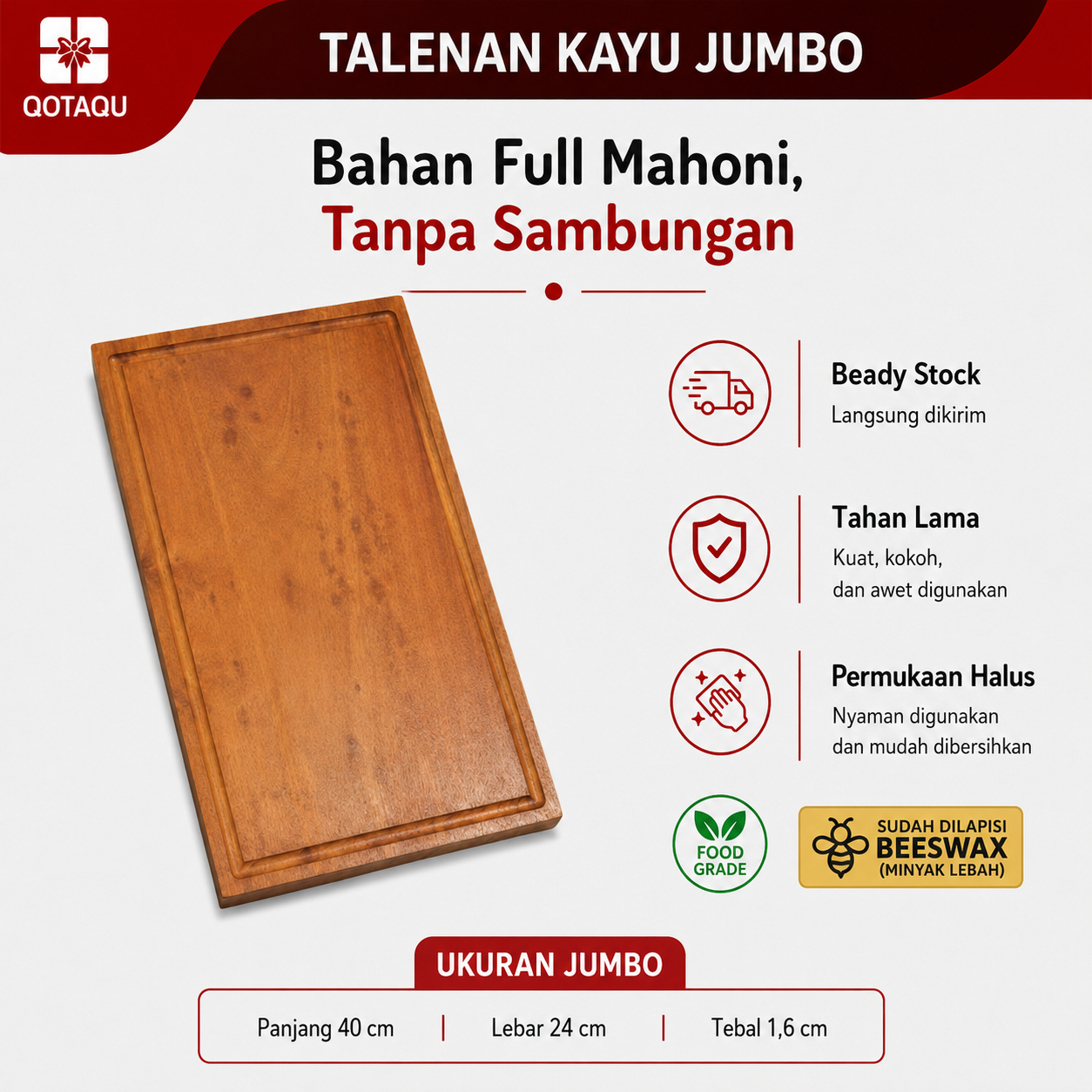 QOTAQU Talenan Kayu Jumbo Mahoni Asli 40 x 24 x 1,6 cm | Tanpa bahan pelapis, Anti Jamur, Permukaan halus
