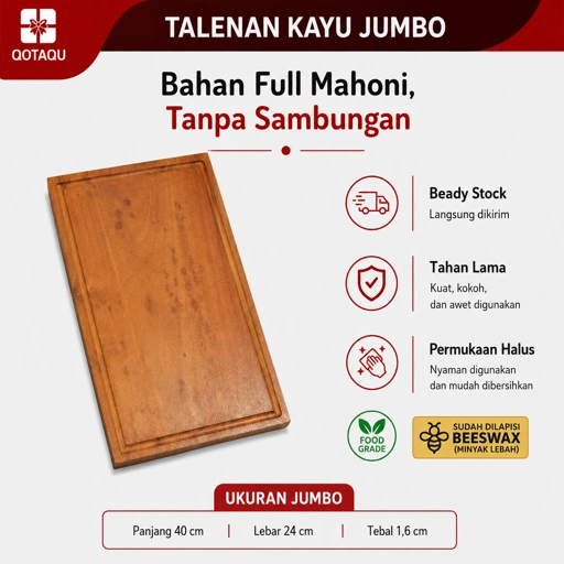 QOTAQU Talenan Kayu Jumbo Mahoni Asli 40 x 24 x 1,6 cm | Tanpa bahan pelapis, Anti Jamur, Permukaan halus