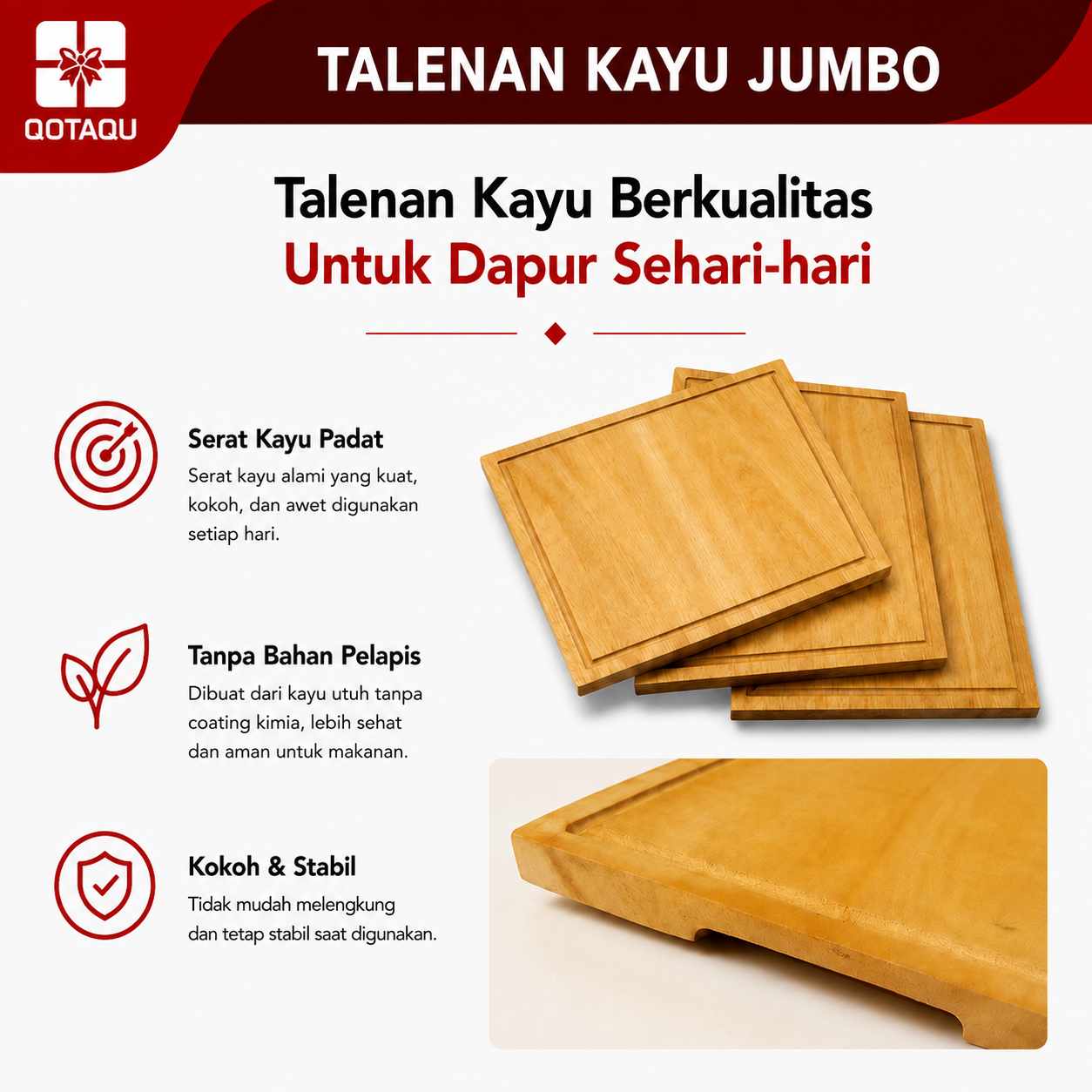 QOTAQU Talenan Kayu Jumbo Mahoni Asli 40 x 24 x 1,6 cm | Tanpa bahan pelapis, Anti Jamur, Permukaan halus
