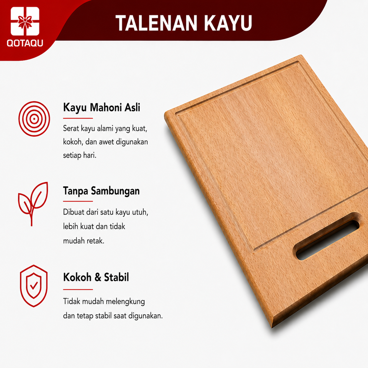 QOTAQU Talenan Kayu Mahoni Tebal - Food Grade, Anti Jamur | Wooden Cutting Board Serbaguna untuk Dapur