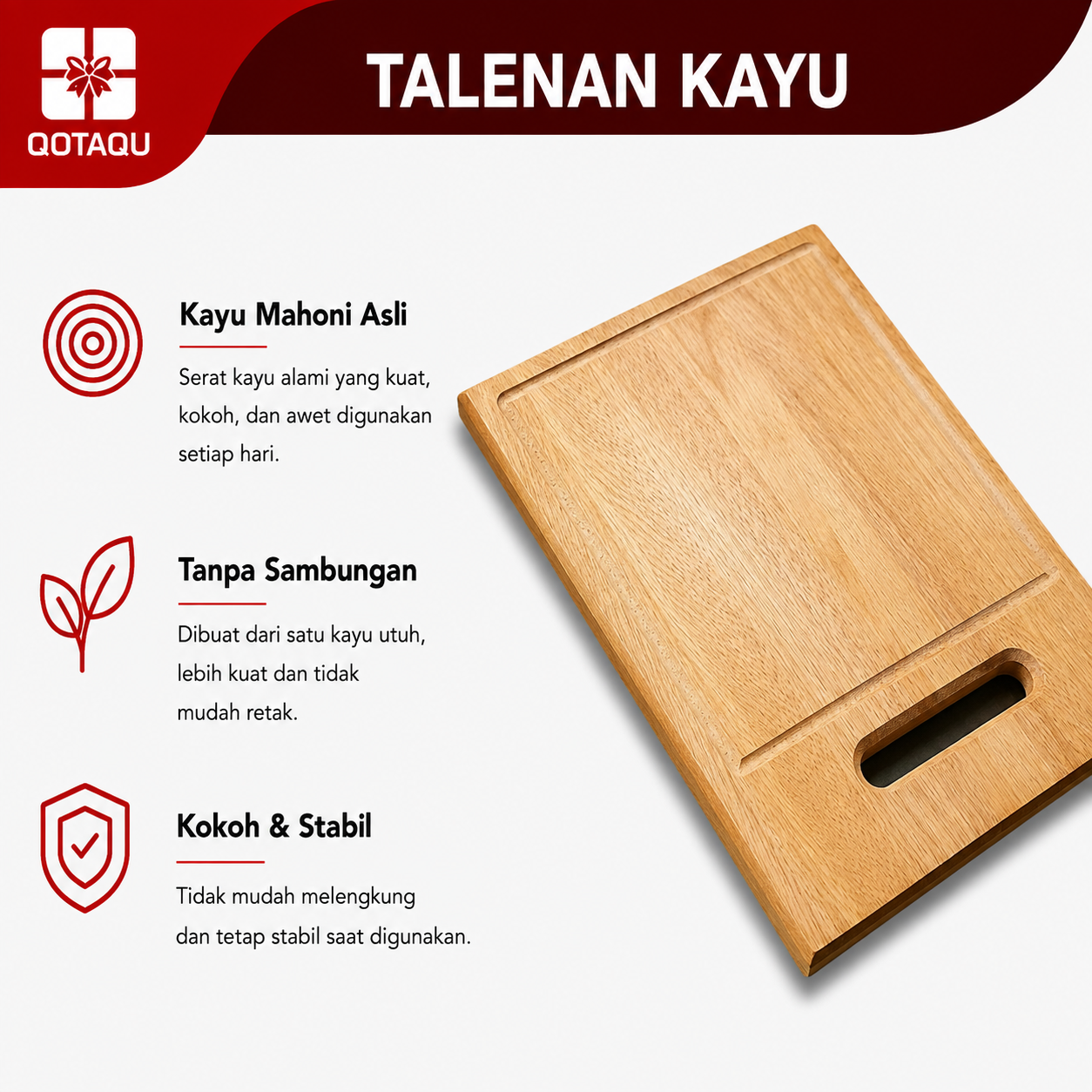 QOTAQU Talenan Kayu Mahoni Food Grade 25x19x1,6 cm | Anti Jamur, Tebal, Awet, Aman untuk Makanan