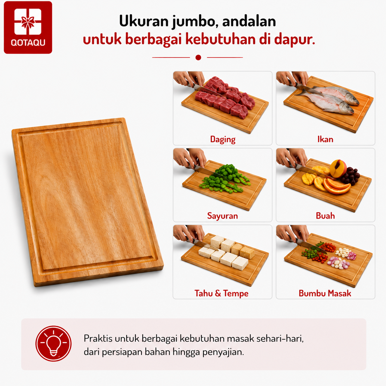 QOTAQU Talenan Kayu Jumbo Mahoni Asli 30 x 24 x 1,6 cm | Tanpa bahan pelapis, Anti Jamur, Permukaan halus