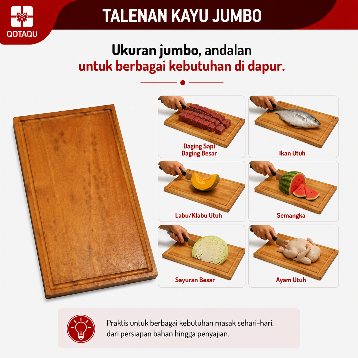 QOTAQU Talenan Kayu Jumbo Mahoni Asli - 3 Pilihan Ukuran | Tanpa bahan pelapis, Anti Jamur, Permukaan halus