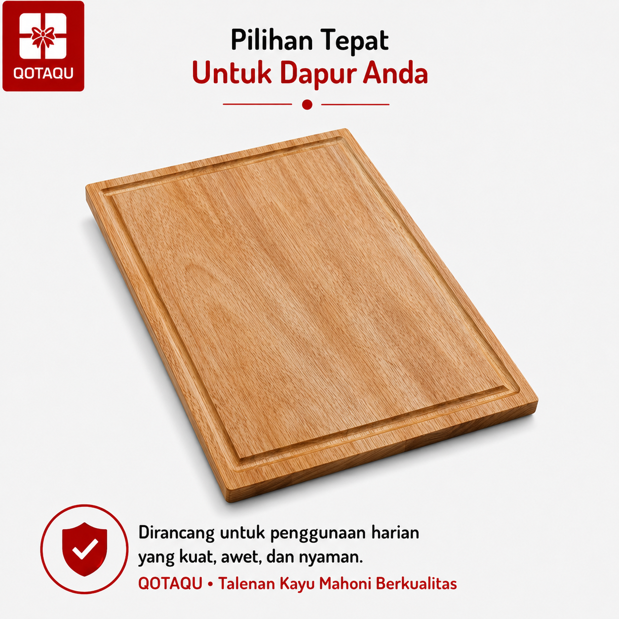 QOTAQU Talenan Kayu Jumbo Mahoni Asli 30 x 24 x 1,6 cm | Tanpa bahan pelapis, Anti Jamur, Permukaan halus