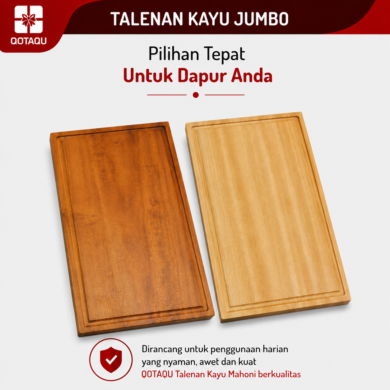 QOTAQU Talenan Kayu Jumbo Mahoni Asli 40 x 24 x 1,6 cm | Tanpa bahan pelapis, Anti Jamur, Permukaan halus