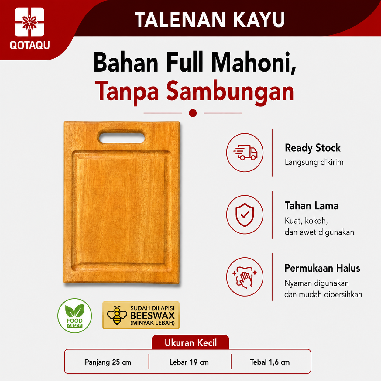 QOTAQU Talenan Kayu Mahoni Food Grade 25x19x1,6 cm | Anti Jamur, Tebal, Awet, Aman untuk Makanan