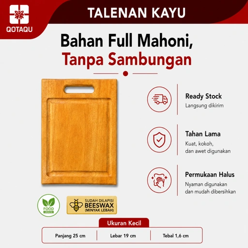 QOTAQU Talenan Kayu Mahoni Food Grade 25x19x1,6 cm | Anti Jamur, Tebal, Awet, Aman untuk Makanan