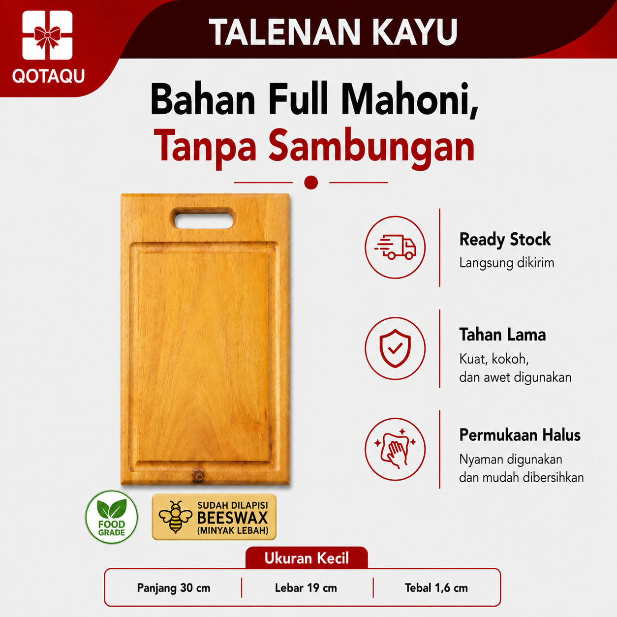 QOTAQU Talenan Kayu Mahoni Food Grade 30x19x1,6 cm | Anti Jamur, Tebal, Awet, Aman untuk Makanan