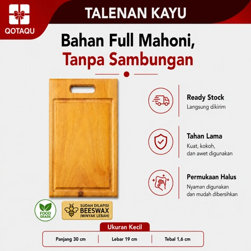 QOTAQU Talenan Kayu Mahoni Food Grade 30x19x1,6 cm | Anti Jamur, Tebal, Awet, Aman untuk Makanan