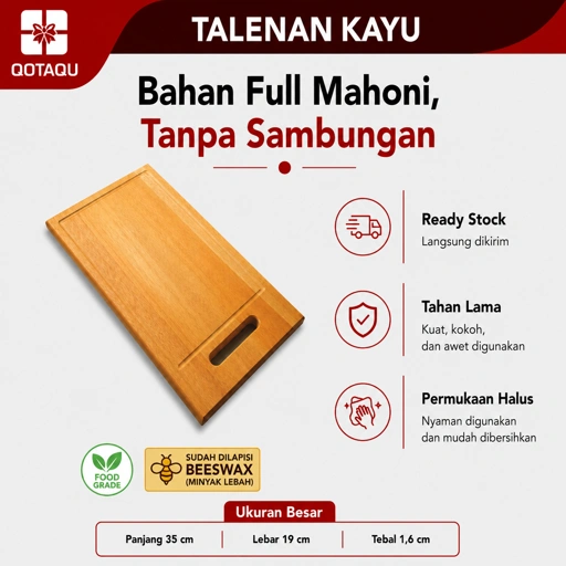 QOTAQU TALENAN KAYU Bahan Full Mahoni Tanpa Sambungan Ukuran Besar 35x19x1,6 cm | Tebal, Anti Jamur, Awet