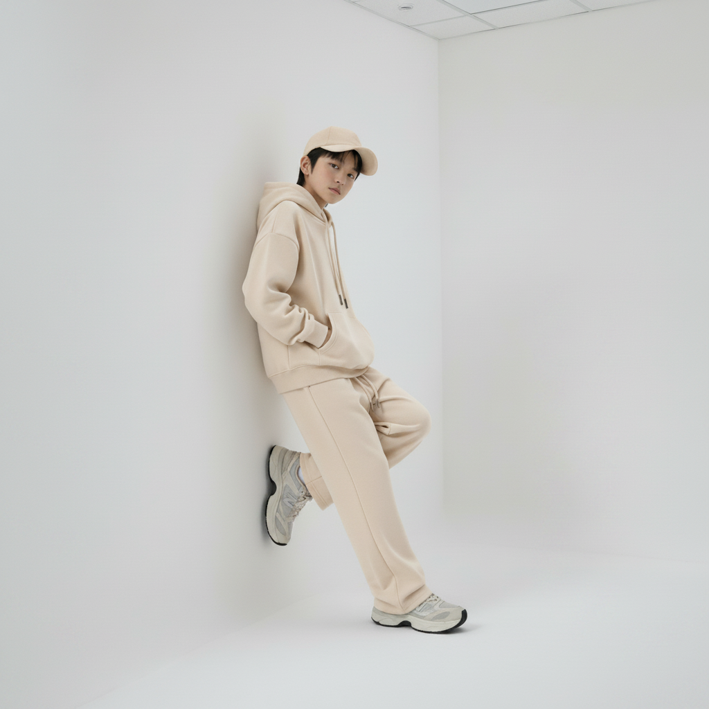 Celana Sweatpants Loose Baggy Anak Fleece Cream Muda