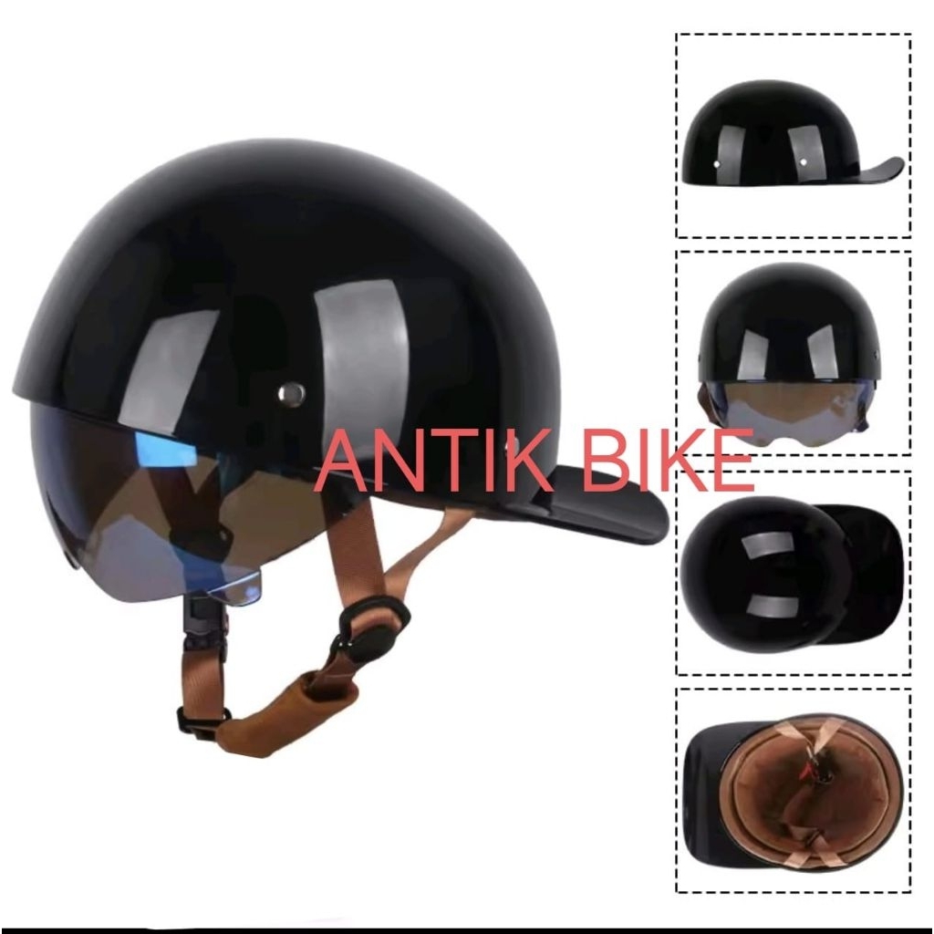 HALF helmet OPEN FACE GLOSSY BLACK WITH VISOR RETRO CLASSIC