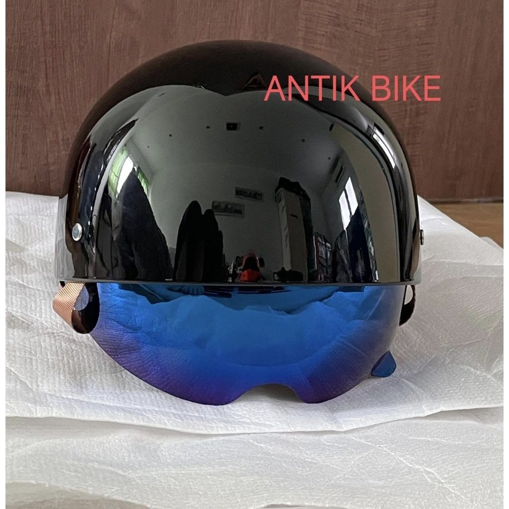 HALF helmet OPEN FACE GLOSSY BLACK WITH VISOR RETRO CLASSIC
