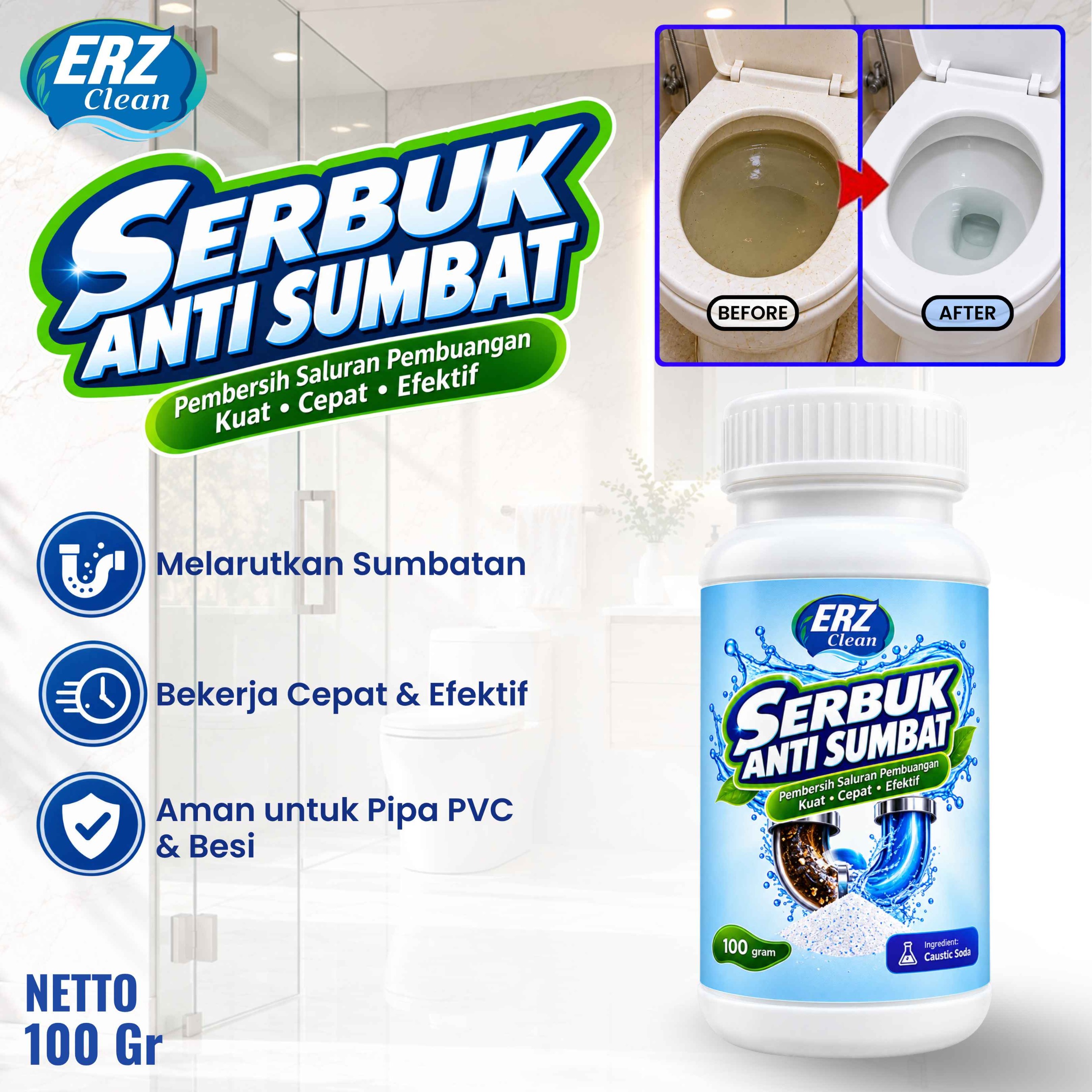 ERZ Clean Serbuk Anti Sumbat Saluran Pembuangan Air Pipa Toilet Wastafel Ampuh