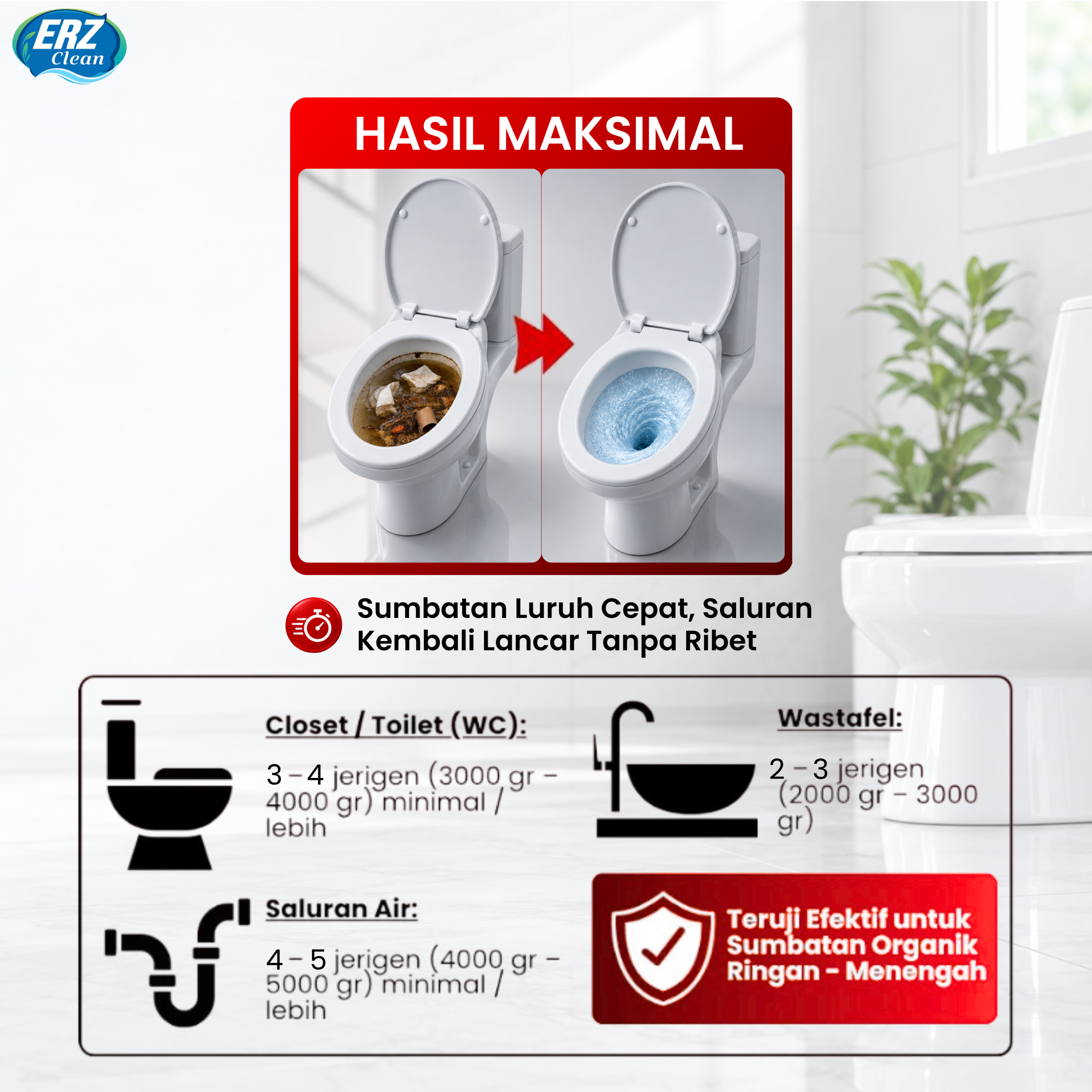 ERZ CLEAN ANTI SUMBAT 1200 Gram dan 1700 gram - Drain Clog Remover - Cairan Pelancar Saluran Air yang tersumbat - Anti Sumbat Merah - Anti Sumbat ERZ CLEAN / Anti Sumbat Wc Saluran Air Wastafel Mampet Yang Bekerja Dengan Cepat dan Praktis