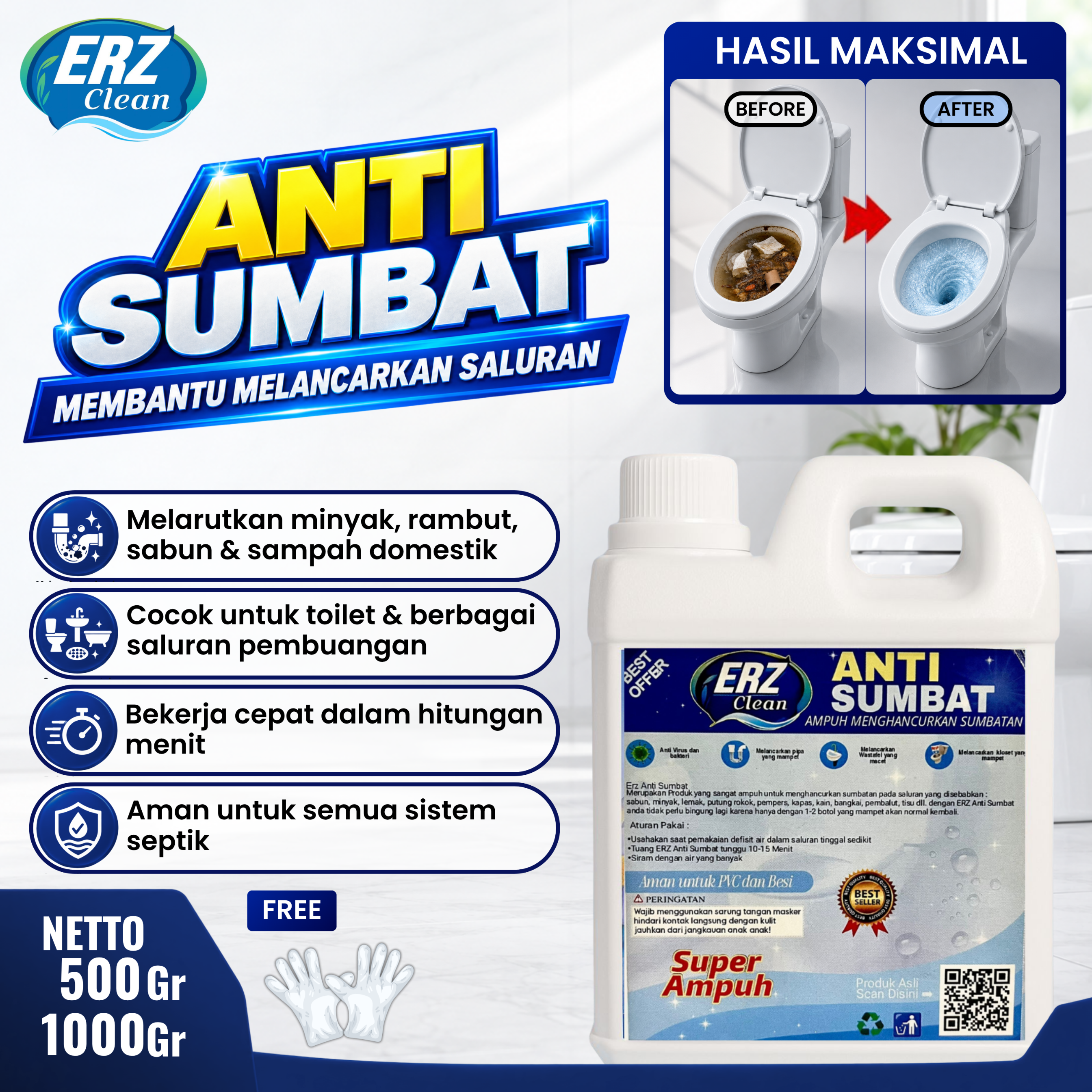 ERZ Clean Anti Sumbat Saluran Air Pipa Mampet 1000gr / 500gr – Melancarkan Sumbatan WC Wastafel Tempat Cuci Piring