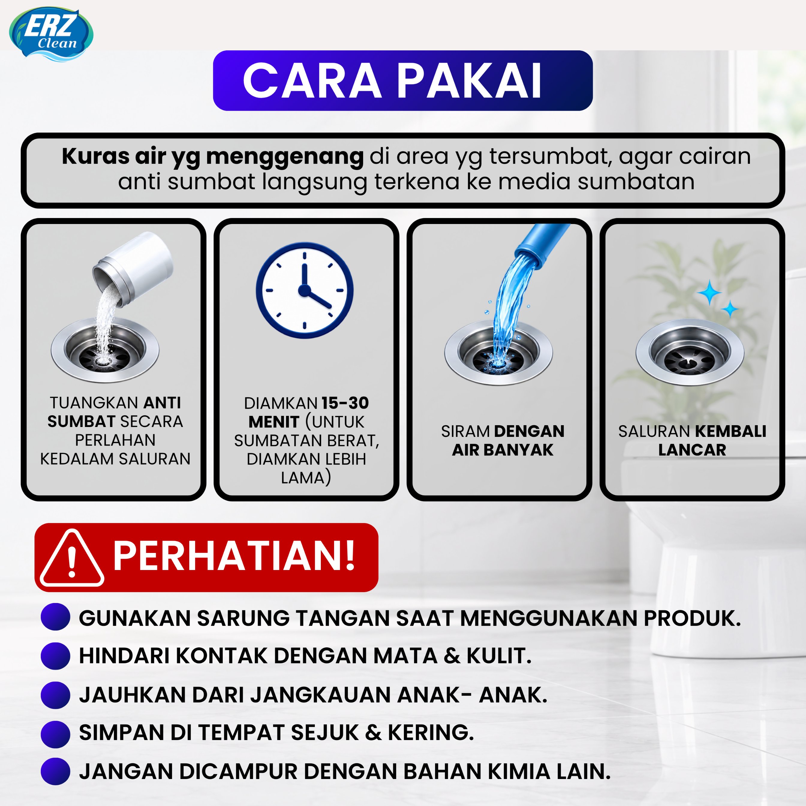 ERZ Clean Anti Sumbat Saluran Air Pipa Mampet 1000gr / 500gr – Melancarkan Sumbatan WC Wastafel Tempat Cuci Piring