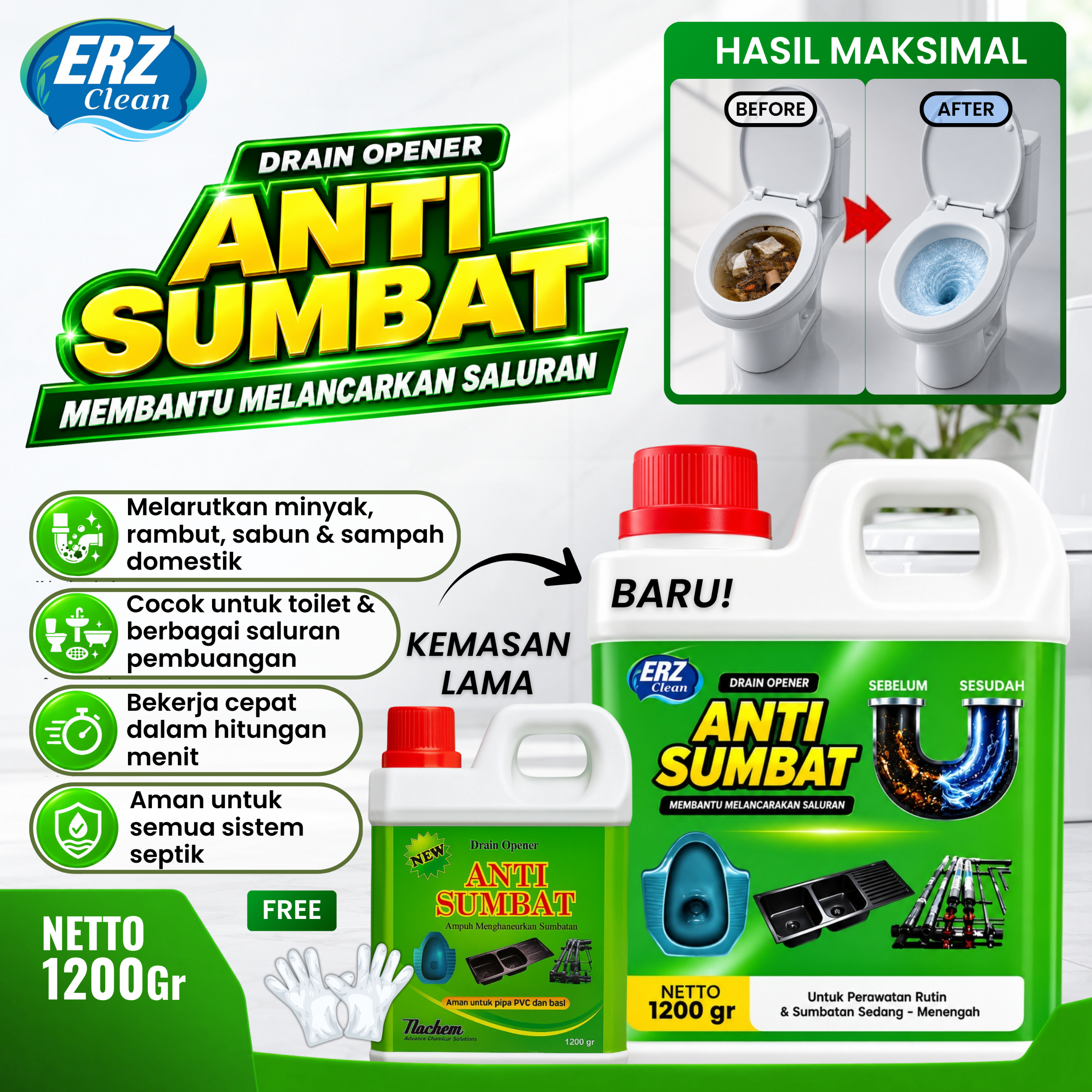 ERZ Clean Anti Sumbat 1200gr Cairan Anti Mampet WC Closet Saluran Air Kamar Mandi