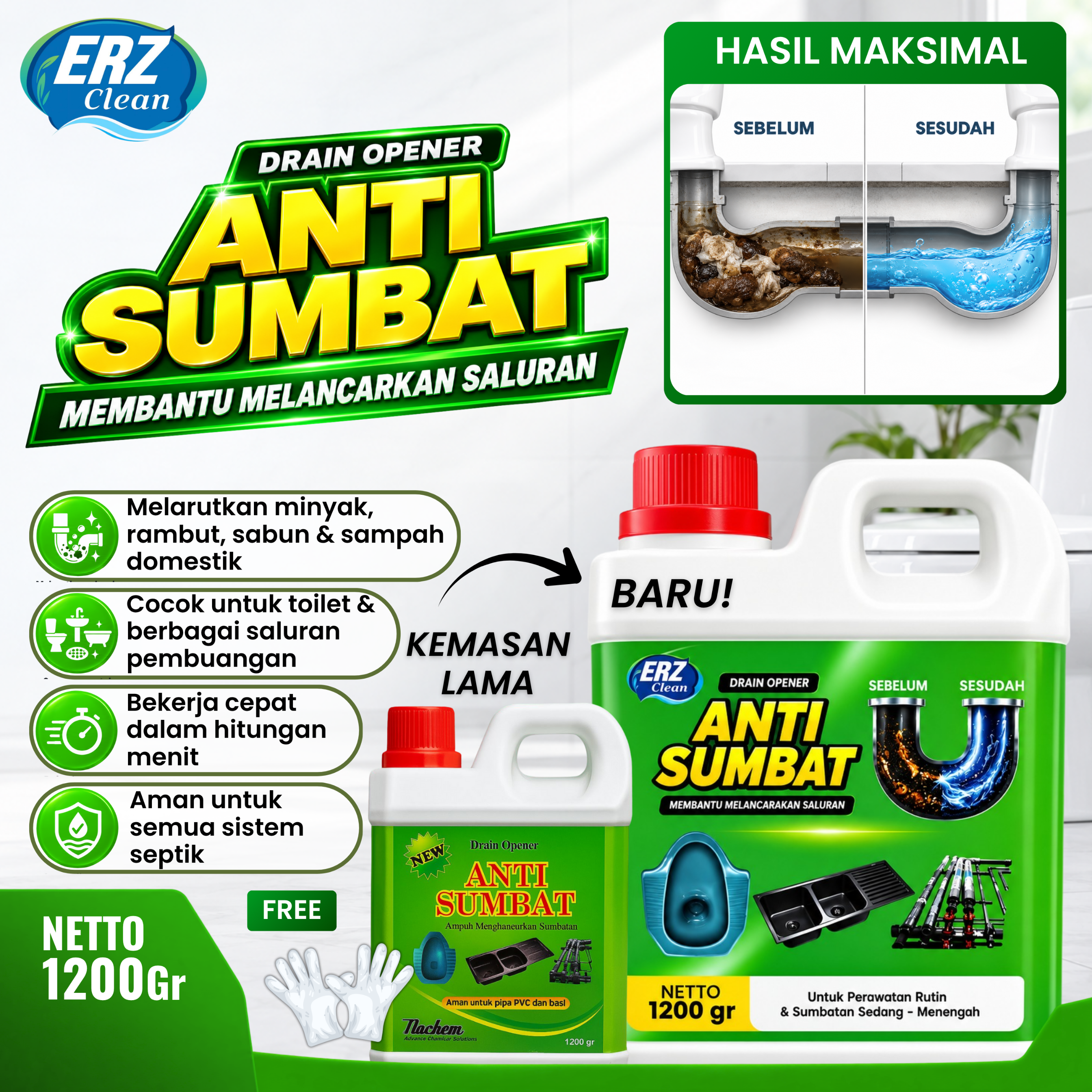ERZ Clean Anti Sumbat 1200gr Cairan Anti Mampet WC Closet Saluran Air Kamar Mandi