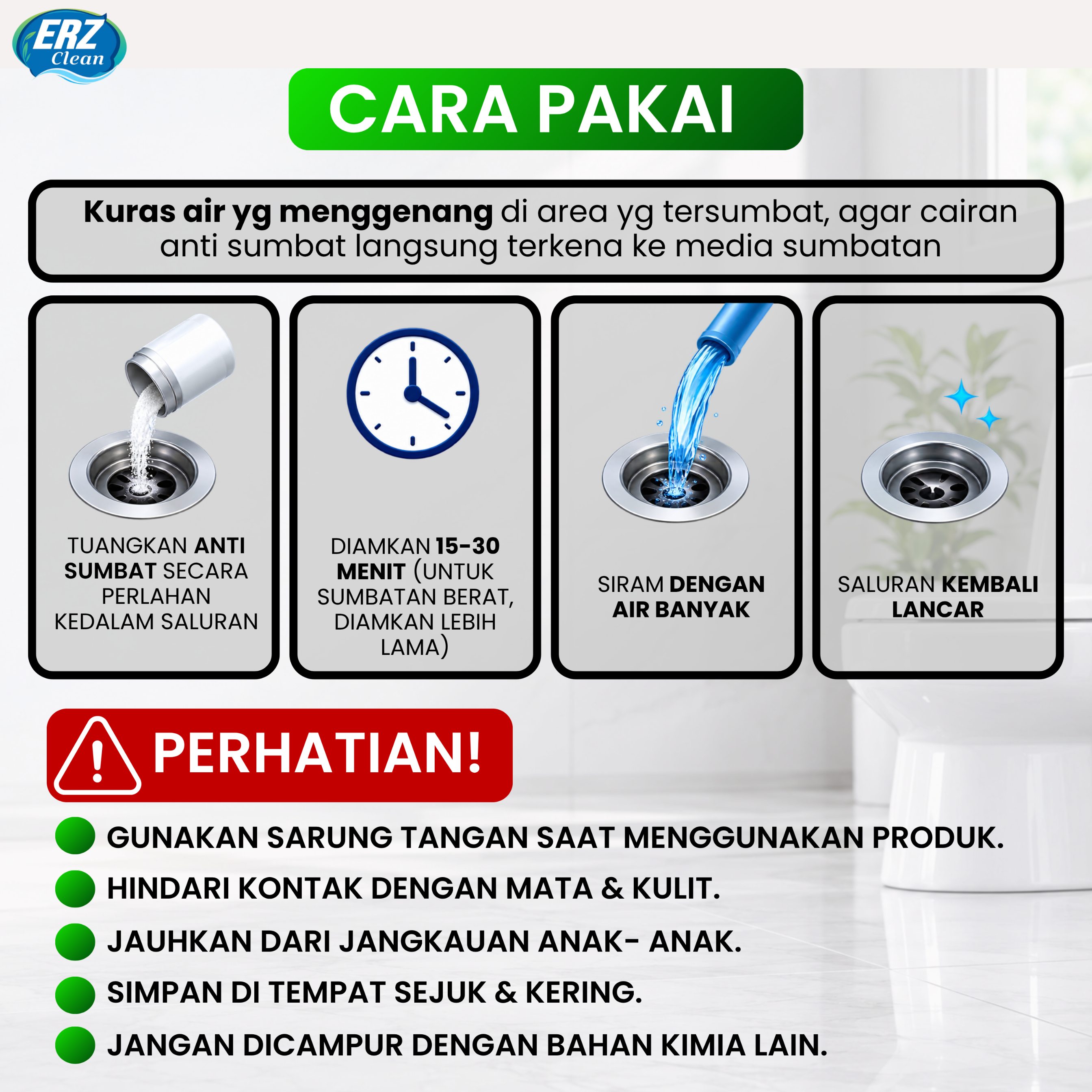 ERZ Clean Anti Sumbat 1200gr Cairan Anti Mampet WC Closet Saluran Air Kamar Mandi