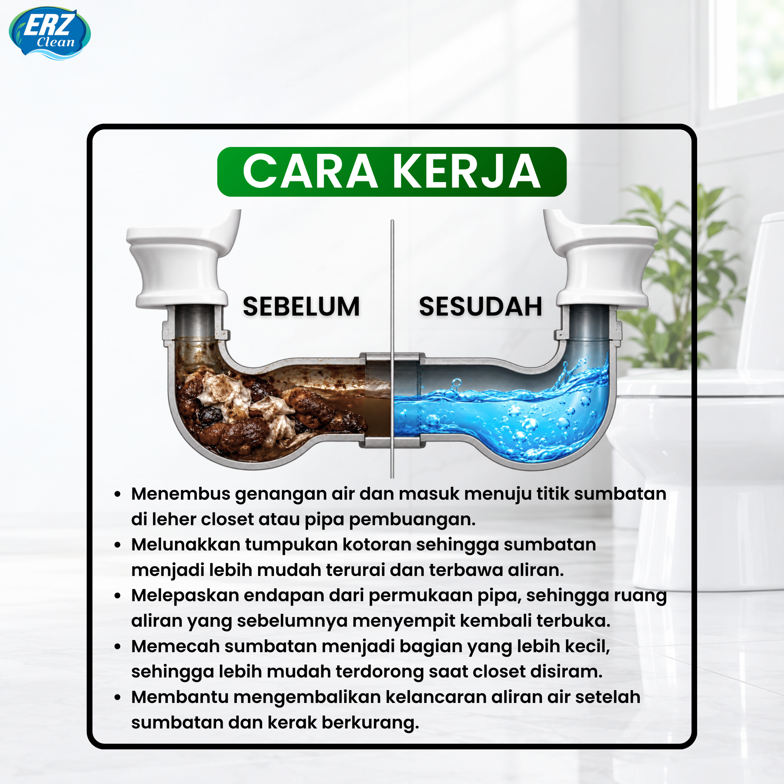 ERZ Clean Anti Sumbat 1200gr Cairan Anti Mampet WC Closet Saluran Air Kamar Mandi