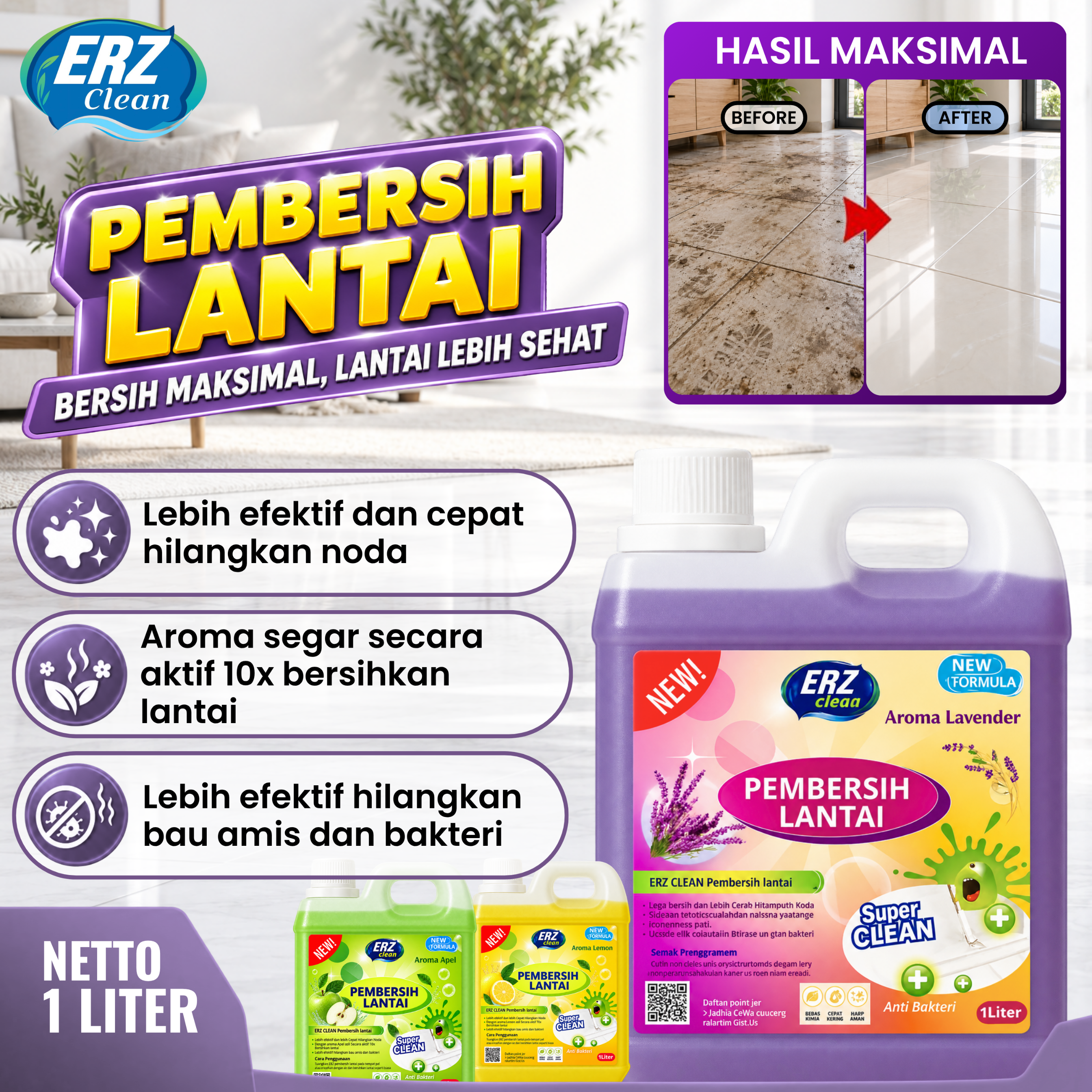 ERZ Clean Sabun Pel Lantai Antibacterial Jerigen 1000ml Wangi Tahan Lama