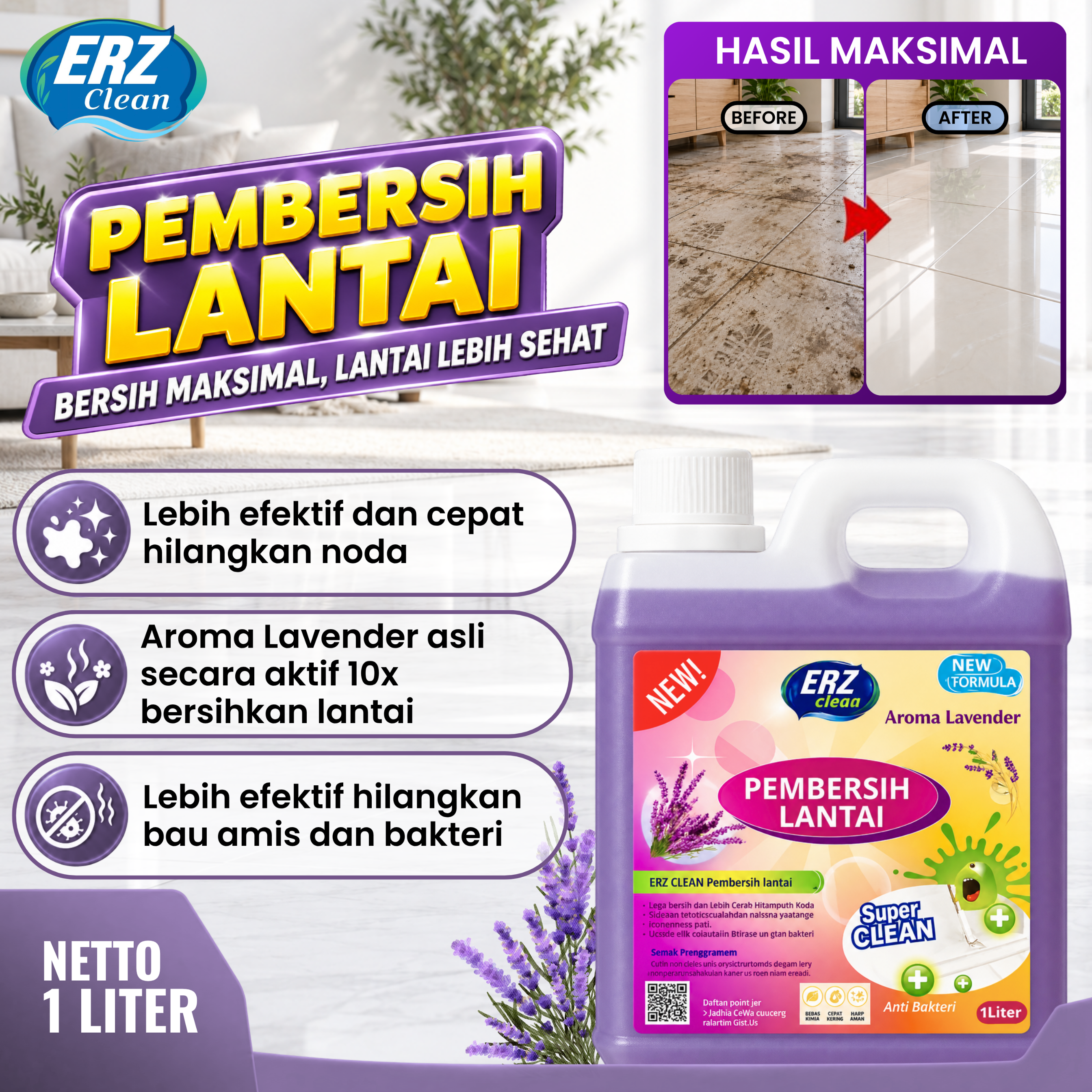 ERZ Clean Sabun Pel Lantai Antibacterial Jerigen 1000ml Wangi Tahan Lama