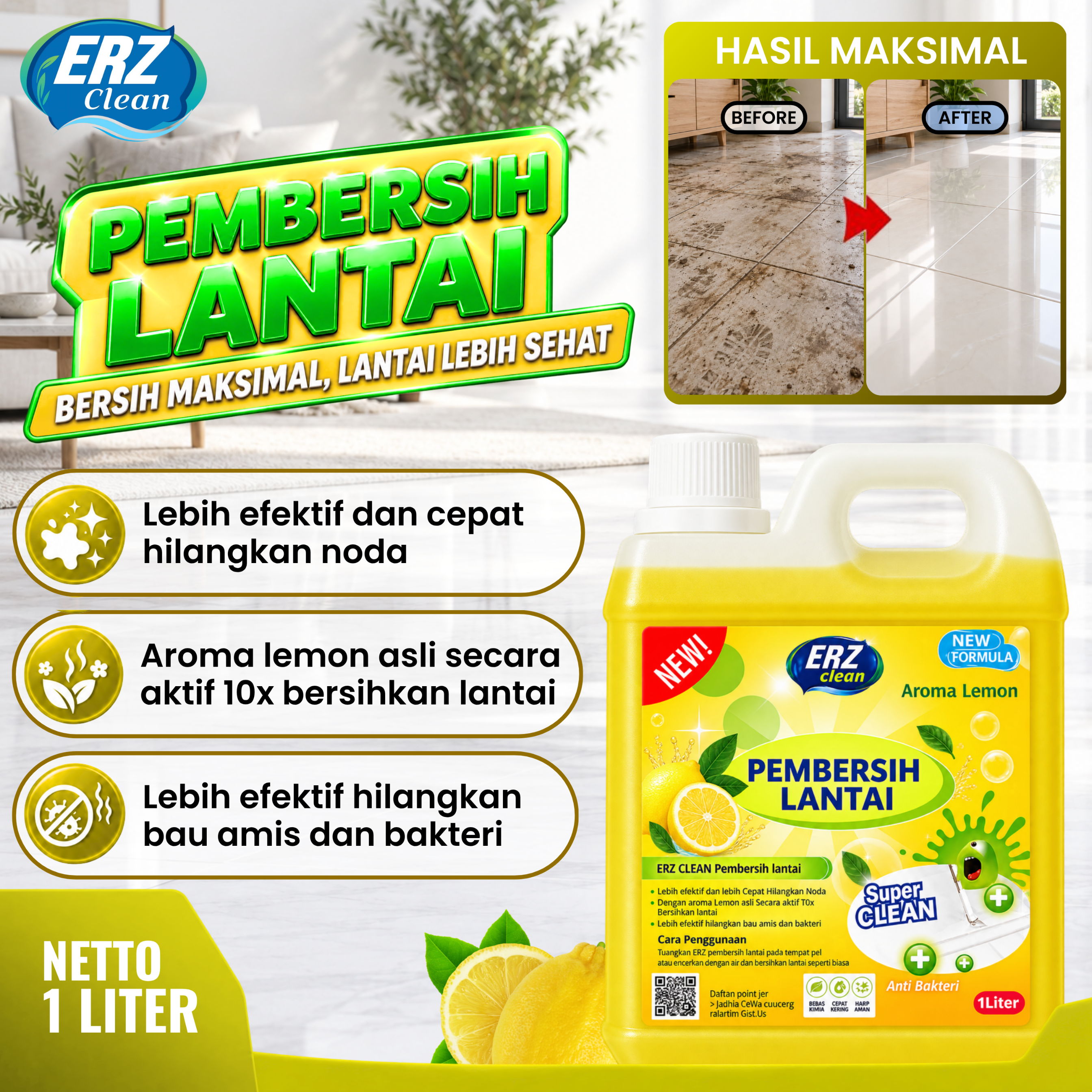 ERZ Clean Sabun Pel Lantai Antibacterial Jerigen 1000ml Wangi Tahan Lama
